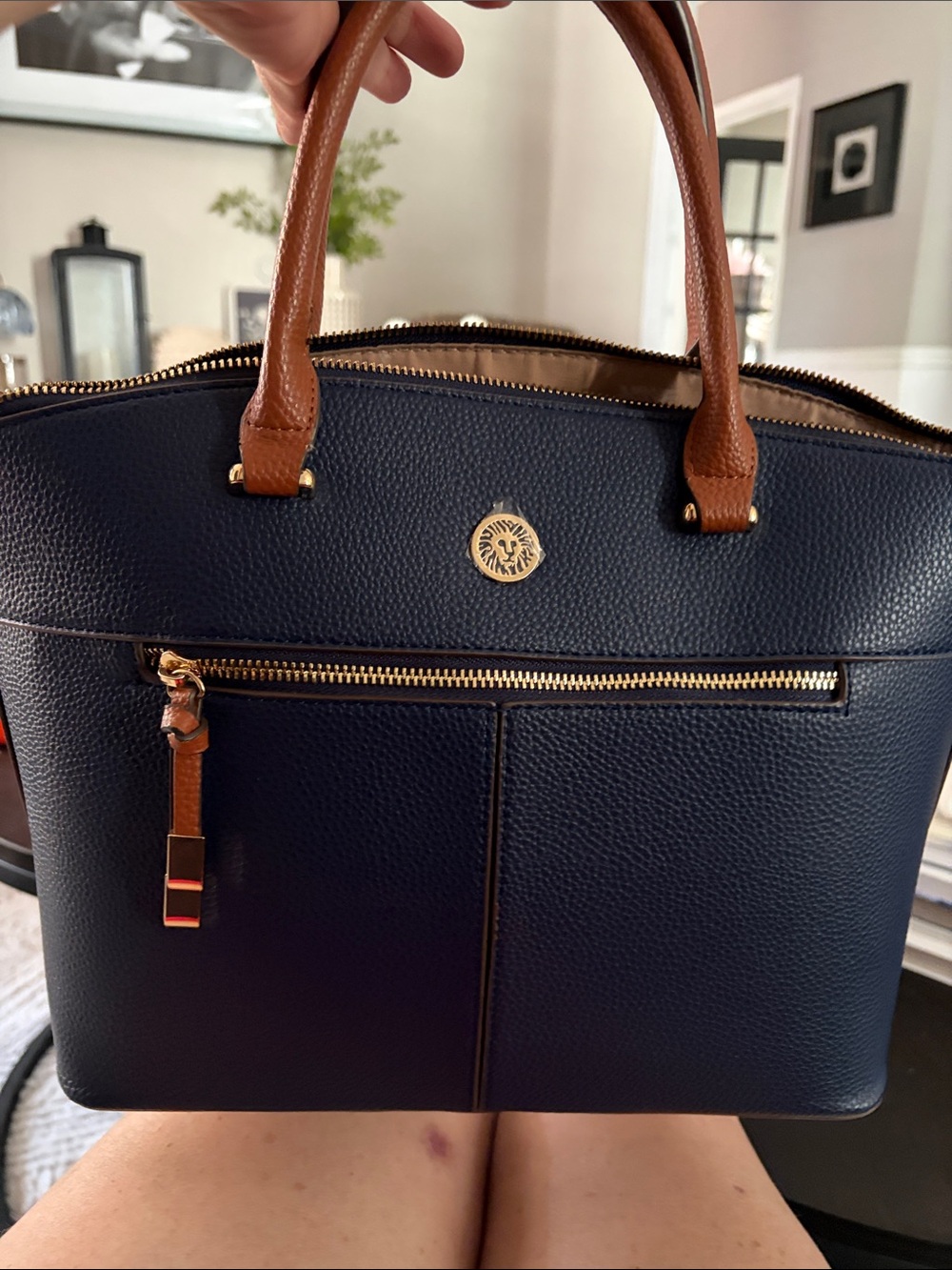 Anne Klein Leather Top-Handle Satchel in Navy and Brown